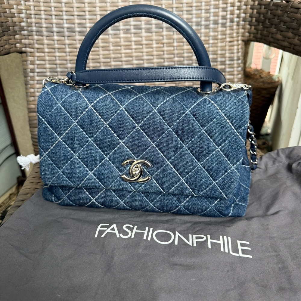CHANEL Denim Quilted Small Coco Handle Flap Blue